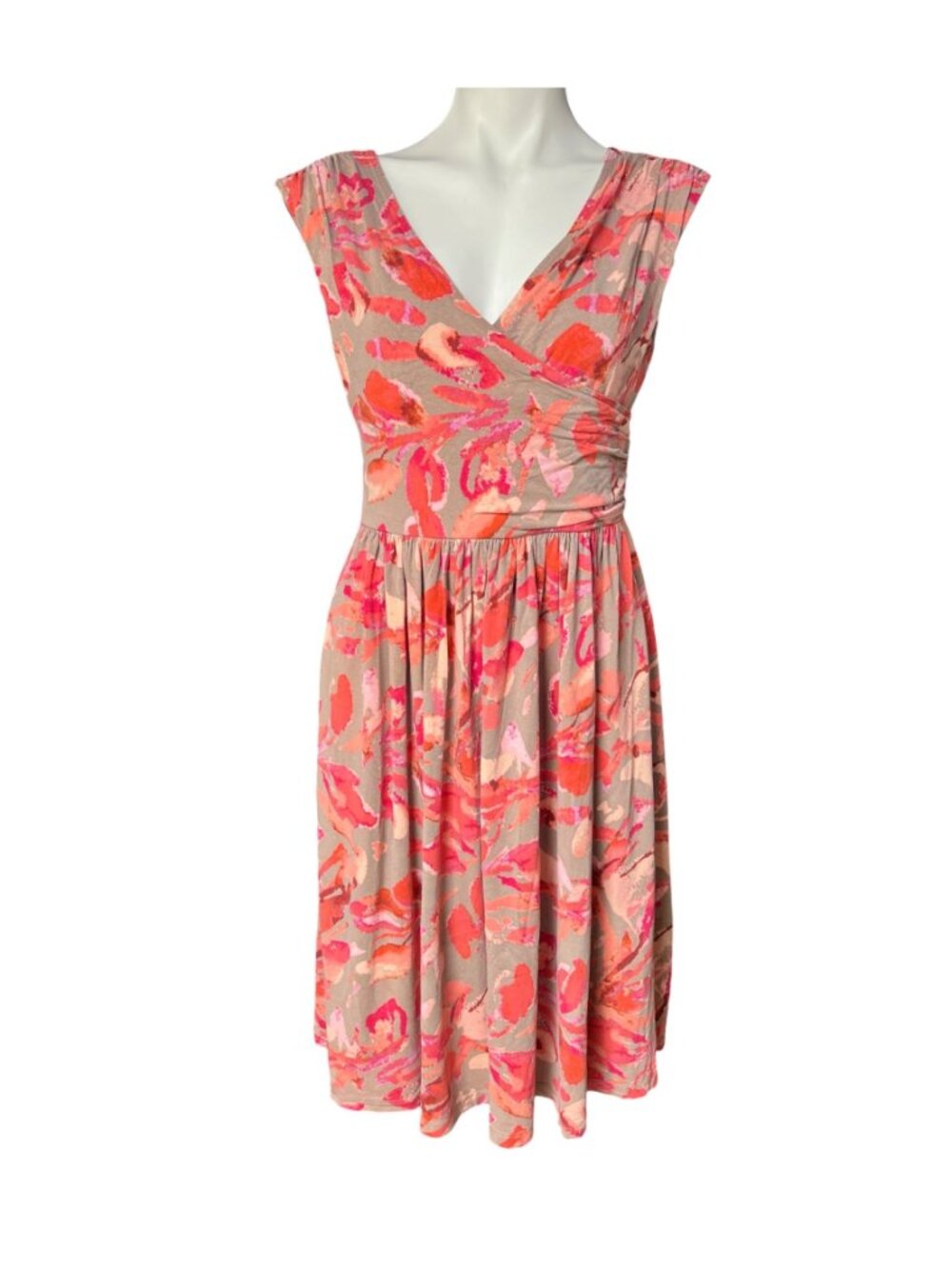 Ann Taylor Coral & Beige Abstract Print Sleeveless V-Neck Midi Dress Size M - Picture 2 of 10